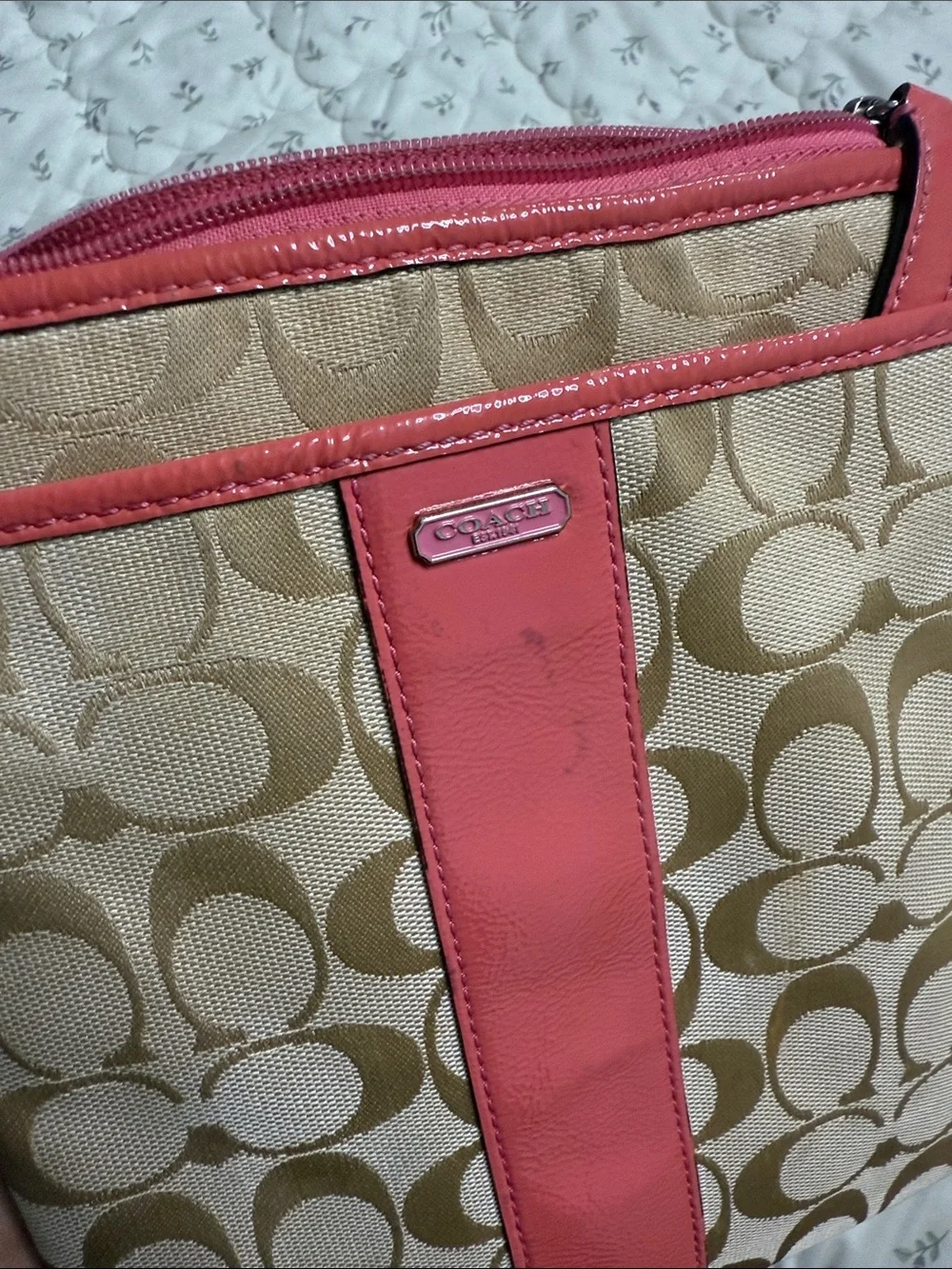 Coach Tan Signature Crossbody with Pink Trim